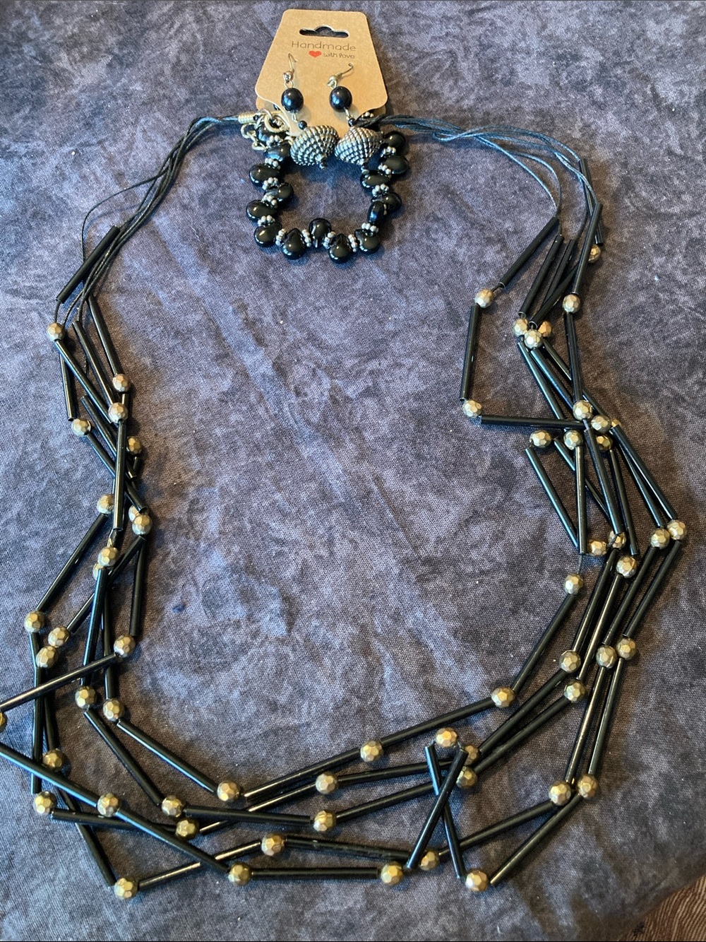 Black & Gold Tone Multi-Strand Beaded Necklace w/Matching Bracelet & Earrings